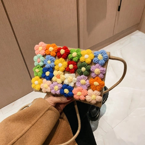 Handmade Crochet Flower Shoulder Bag Sweet 3D Floral Woven Crossbody Bag Small Flap Purse With Magnetic Snap For Women