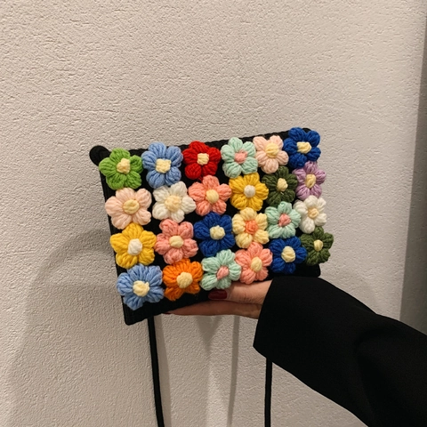 Handmade Crochet Flower Shoulder Bag Sweet 3D Floral Woven Crossbody Bag Small Flap Purse With Magnetic Snap For Women
