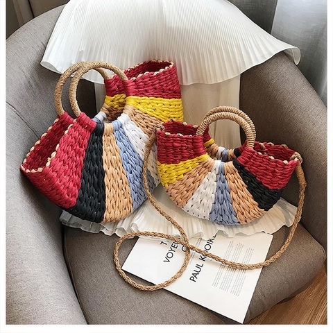 Handgefertigte Gewebte Strohhandtasche Große Kapazität Halbmond Strandurlaub Bohemian Umhängetasche Für Damen
