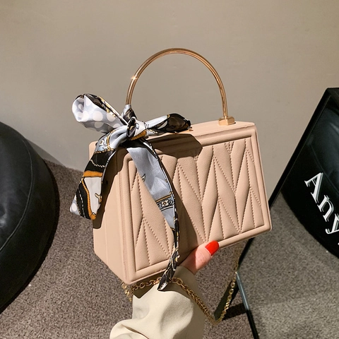 Women's Fashion PU Leather Handbag Casual V-Quilted Crossbody Box Bag With Silk Scarf Metal Chain Top Handle Satchel