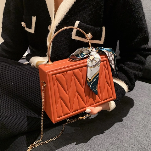 Women's Fashion PU Leather Handbag Casual V-Quilted Crossbody Box Bag With Silk Scarf Metal Chain Top Handle Satchel