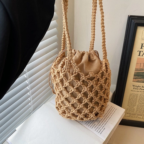 Borsa Secchiello Intrecciata Donna Fatta A Mano Corda Cotone Maglia Cavo Coulisse Spalla Spiaggia Vacanze Estate Retro