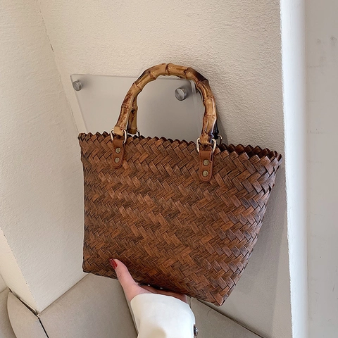 Gewebte Strohhandtasche Für Damen Große Kapazität Sommer Strandurlaub Reise Tote Mit Bambusgriff Retro Handgefertigt