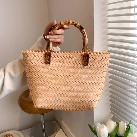 Gewebte Strohhandtasche Für Damen Große Kapazität Sommer Strandurlaub Reise Tote Mit Bambusgriff Retro Handgefertigt
