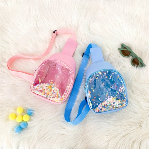 Kids Shoulder Chest Bag PU Leather Transparent PVC Window Colorful Sequins Adjustable Strap Cute Candy Color Toddler