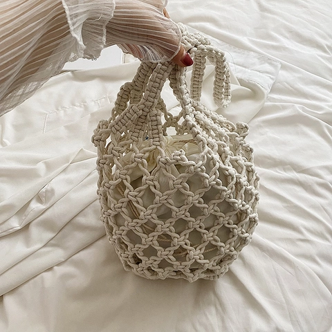 Damen Gewebte Beuteltasche Handgefertigt Baumwollseil Netz Hohl Kordelzug Schulter Strand Urlaub Sommer Retro