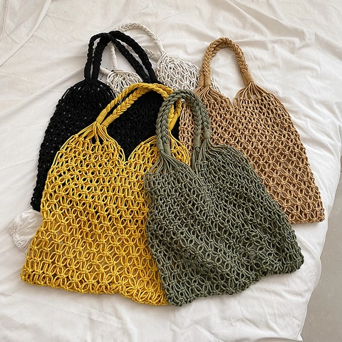 Bolso De Mano Tejido A Mano Algodón Lino Malla Hueca Vacaciones Playa Verano Estilo Bohemio Para Mujer