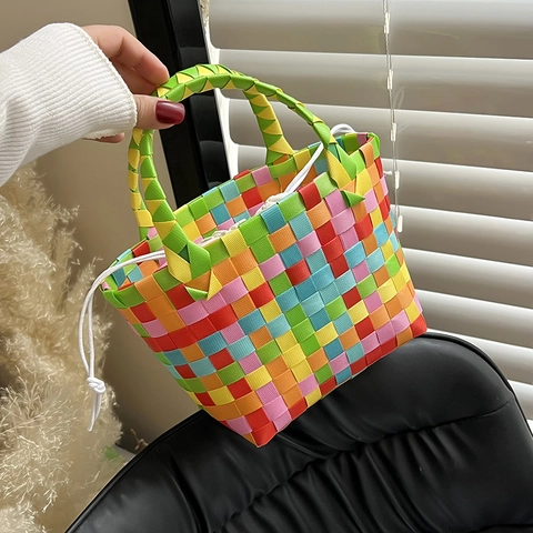 Borsa A Mano Intrecciata Arcobaleno Donna Colorata Borsa Da Spiaggia Estate Con Tasca Bianca Coulisse Chic Casual Vacanze