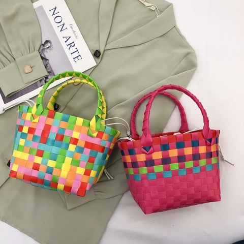 Borsa A Mano Intrecciata Arcobaleno Donna Colorata Borsa Da Spiaggia Estate Con Tasca Bianca Coulisse Chic Casual Vacanze