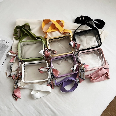 Fashion Transparent PVC Crossbody Bag Waterproof Jelly Shoulder Bag With Wide Strap And Satin Scarf For Women Daily