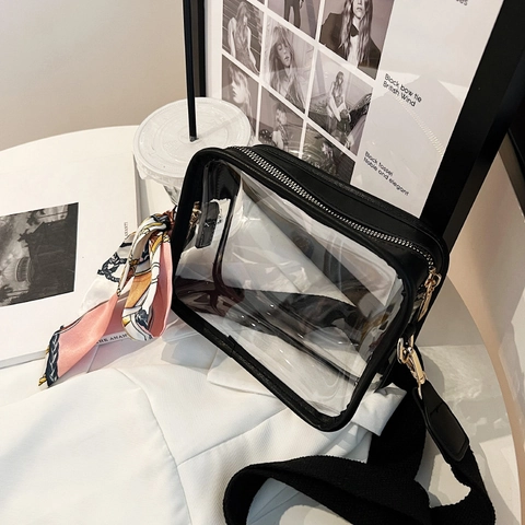 Fashion Transparent PVC Crossbody Bag Waterproof Jelly Shoulder Bag With Wide Strap And Satin Scarf For Women Daily