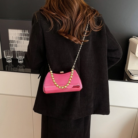 Women Acrylic Mirror Evening Clutch Bag With Beaded Handle Metal Chain Strap Luxury Party Wedding Formal Shoulder Handbag