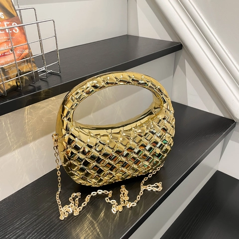 Metallic Gewebte Acryl Abendtasche Halbmond Handtasche Mit Kette Hobo Stil Trendige Party Clutch Für Damen