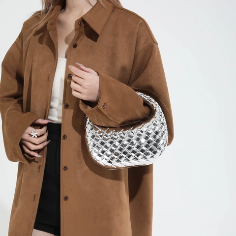Metallic Gewebte Acryl Abendtasche Halbmond Handtasche Mit Kette Hobo Stil Trendige Party Clutch Für Damen