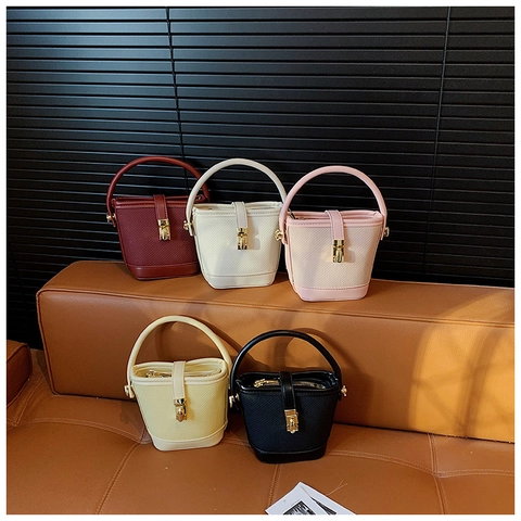 Mini Bucket Bag PU Leather Metal Lock Handbag For Girls Crossbody Shoulder Bag Solid Color Vintage Fashion Sweet Purse