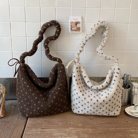 Sac Cabas En Peluche Style Coréen Grande Capacité Laine D'Agneau Sac À Épaule Bandoulière Vague Motif À Pois Femmes