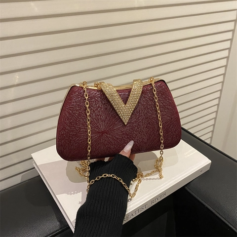 Damen Abendtasche Clutch Strass V Verschluss Kunstleder Kette Umhängetasche Box Party Mode Elegant