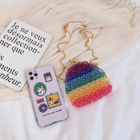Mini Borsa A Tracolla In Perline Acriliche Arcobaleno Con Catena In Metallo Dorato E Chiusura A Bacio Pochette Da Sera