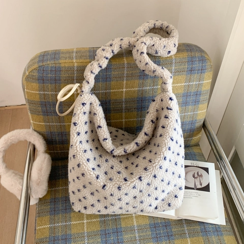 Sac Cabas En Peluche Style Coréen Grande Capacité Laine D'Agneau Sac À Épaule Bandoulière Vague Motif À Pois Femmes