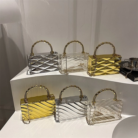 Bolso De Noche Caja De Acrílico Rígido Cartera De Mano Ondas Rombos Con Correa De Cadena Y Asa En Espiral