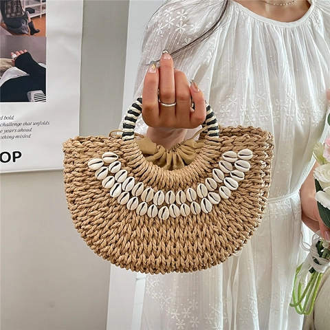 Semi-Circle Straw Handbag Woven Shell Decoration Beach Vacation Style Striped Handle Drawstring Inner Bag For Women