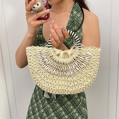 Semi-Circle Straw Handbag Woven Shell Decoration Beach Vacation Style Striped Handle Drawstring Inner Bag For Women