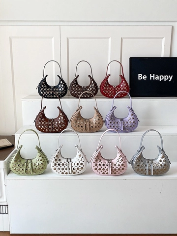 Bolso De Hombro Para Mujer Media Luna Con Remaches Metálicos Cuero De PU Bolso De Mano Hobo