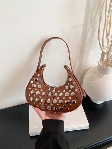 Bolso De Hombro Para Mujer Media Luna Con Remaches Metálicos Cuero De PU Bolso De Mano Hobo