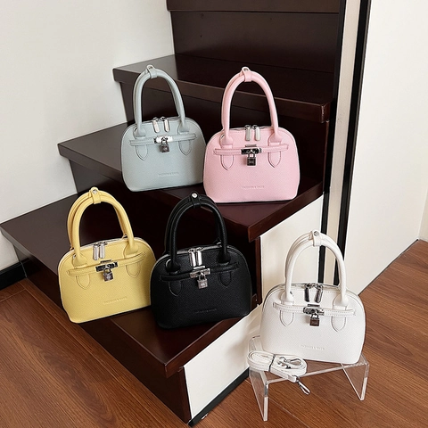 Kieselmaserung PU Leder Muschel Handtasche Vorhängeschloss Dekor Griff Schulter Umhängetasche Damen Mode