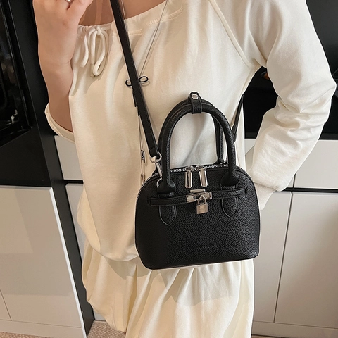 Kieselmaserung PU Leder Muschel Handtasche Vorhängeschloss Dekor Griff Schulter Umhängetasche Damen Mode