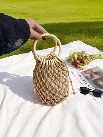 Hand-Woven Cotton Rope Handbag With Wooden Rings Drawstring Liner Hollow Mesh Beach Bucket Bag For Women