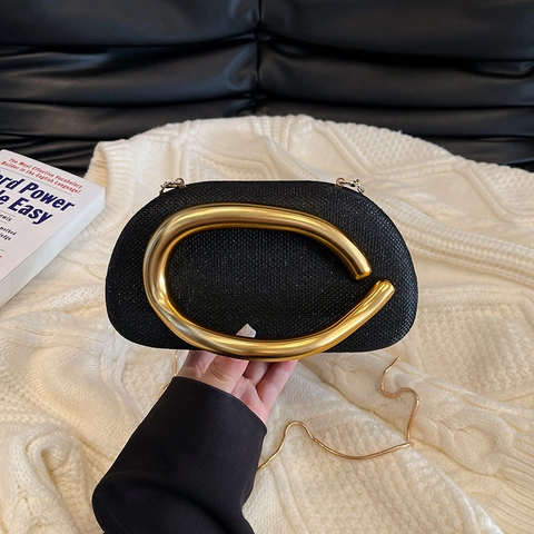 Elegant Woven Clutch Evening Bag Gold C-Shaped Metal Handle Crossbody Chain Strap For Women Party Handbag