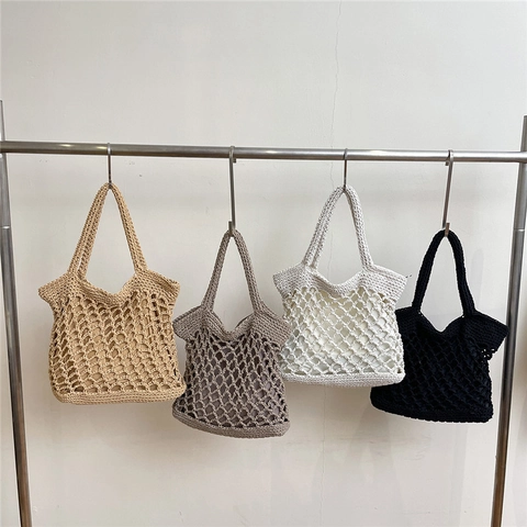 Damen Gewebte Baumwollseil Schultertasche Hollow Out Netz Tote Mit Innenfutter Reißverschluss Große Kapazität Boho Strand Urlaub