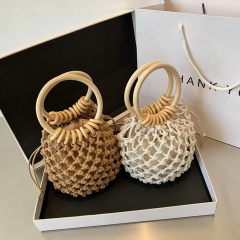 Gewebte Handtasche Baumwollseil Netz Eimertasche Mit Runden Holzgriffen Kordelzug Innentasche Böhmische Sommer Strandtasche