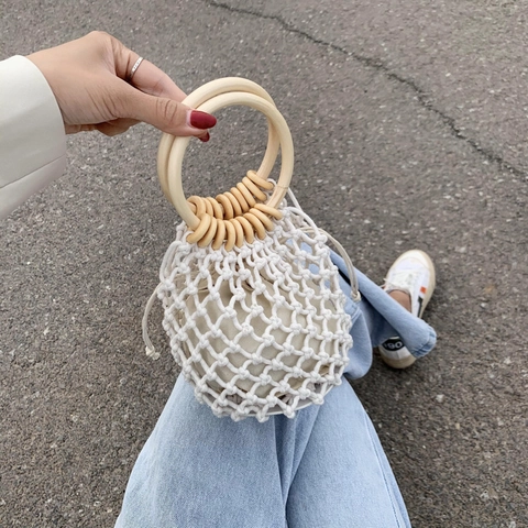 Gewebte Handtasche Baumwollseil Netz Eimertasche Mit Runden Holzgriffen Kordelzug Innentasche Böhmische Sommer Strandtasche