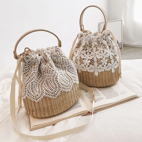 Stro Geweven Bucket Bag Met Wit Kant Borduurwerk Trekkoord Schoudertas Crossbody Handtas Zomer Strand Vakantie Dames