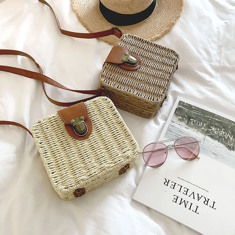 Damen Stroh Gewebte Umhängetasche Retro PU Lederklappe Metallschloss Quadratische Sommer Strand Urlaub Schultertasche