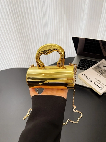 Bolso De Noche Cilíndrico Metálico Espejo De Acrílico Para Mujer Con Asa Escultural Y Correa De Cadena Mini Bolso De Mano