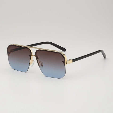 Fashion Square Metal Half Frame Sunglasses UV400 Protection Gradient Lenses Double Bridge Retro Eyewear For Men Women
