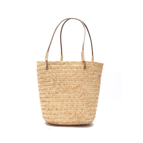 Handwoven Straw Bucket Bag With Cotton Lining And Faux Leather Handles Summer Beach Bohemian Handbag For Women