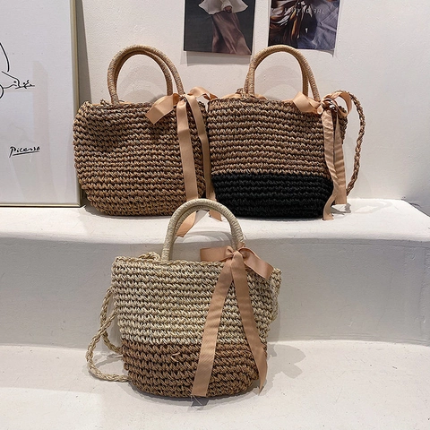 Damen Strohgewebte Handtasche Mit Satinnbandbogen Sommer Strandurlaub Umhängetasche Kontrastfarbene Kordelzug-Tote