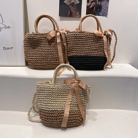 Women Straw Woven Handbag With Satin Ribbon Bow Summer Beach Vacation Shoulder Bag Contrast Color Drawstring Inner Tote