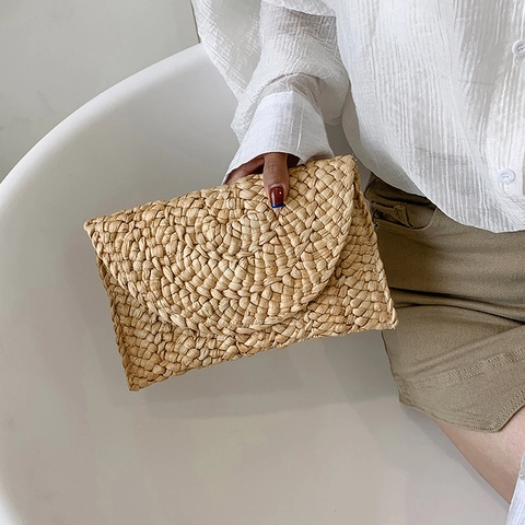 Handgeweven Strooien Clutch Tas Voor Dames Vintage Maiskolf Enveloppe Handtas Zomer Strandvakantie Reizen