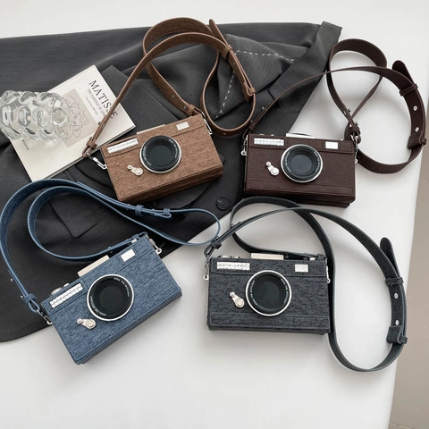 Vintage Camera Vormige Crossbody Tas Denim PU Leer Novelty Box Handtas Met Strass Voor Dames Modieus