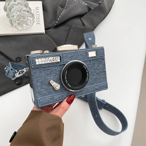 Vintage Camera Vormige Crossbody Tas Denim PU Leer Novelty Box Handtas Met Strass Voor Dames Modieus