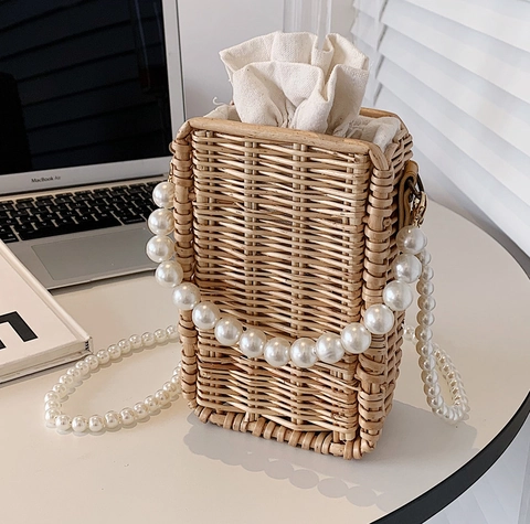 Woven Straw Crossbody Bag Artificial Pearl Chain Strap Rattan Box Handbag Summer Beach Vacation Style Drawstring Inner