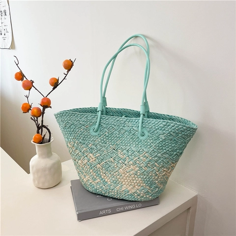 Hand Woven Straw Tote Bag Large Capacity Gradient Color Beach Vacation Shoulder Handbag Contrast Handles Bohemian Casual
