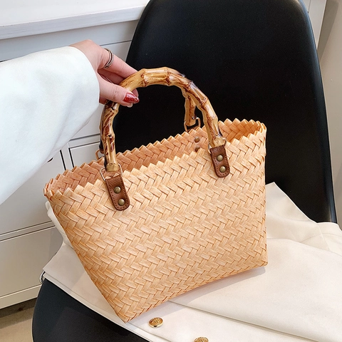 Gewebte Handtasche Mit Bambusgriff Retro Stroh Tote Urlaub Strandtasche Für Frauen Vintage Henkeltasche