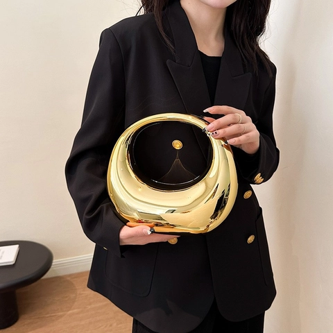 Women Handbag Metallic Mirror PVC Hollow Out Moon Shape Circular Minimalist Avant-Garde Evening Party Handheld Bag