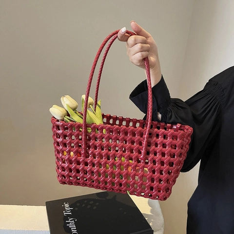 Borsa Tote Intrecciata A Mano Borsa A Tracolla Traforata A Griglia Grande Capacità Cesto Da Spiaggia Casual Da Donna Moda
